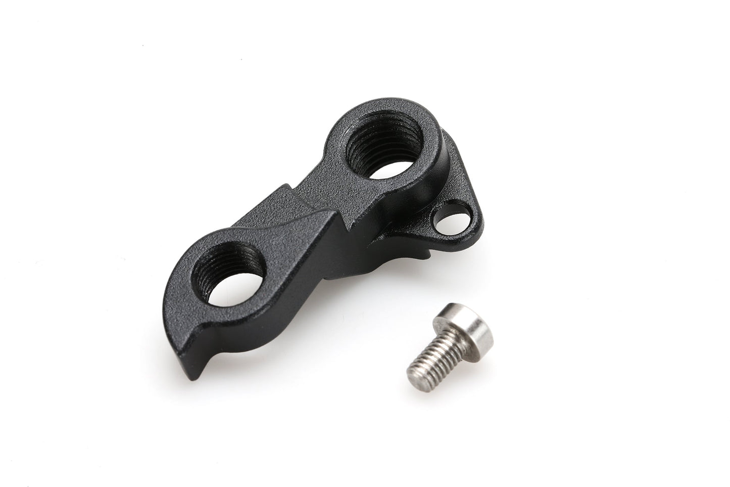 The black metal derailleur hanger from Masi Bikes, designed for the 2022 Incanto & Titanio, with two circular holes, pairs elegantly with a small silver screw on a pristine white background.