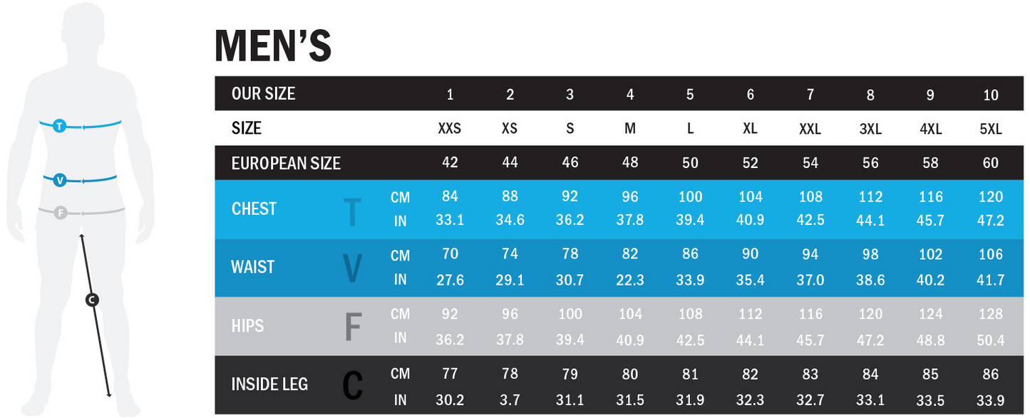 Discover the Masi DNA Race Jersey Blue size chart, featuring mens chest, waist, hips, and inside leg measurements in cm and inches. Sizes XXS to 5XL (EU 42-60) are available with an illustration for perfect BIO FIT.