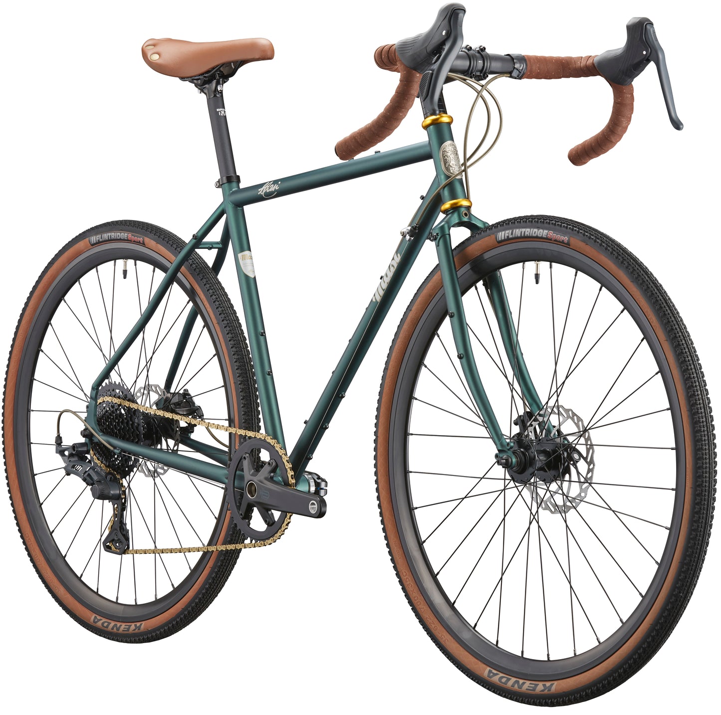 The CATALINA 2, a green chromoly steel gravel bike with drop bars, brown seat, disc brakes, and tan-wall tires, rear view.