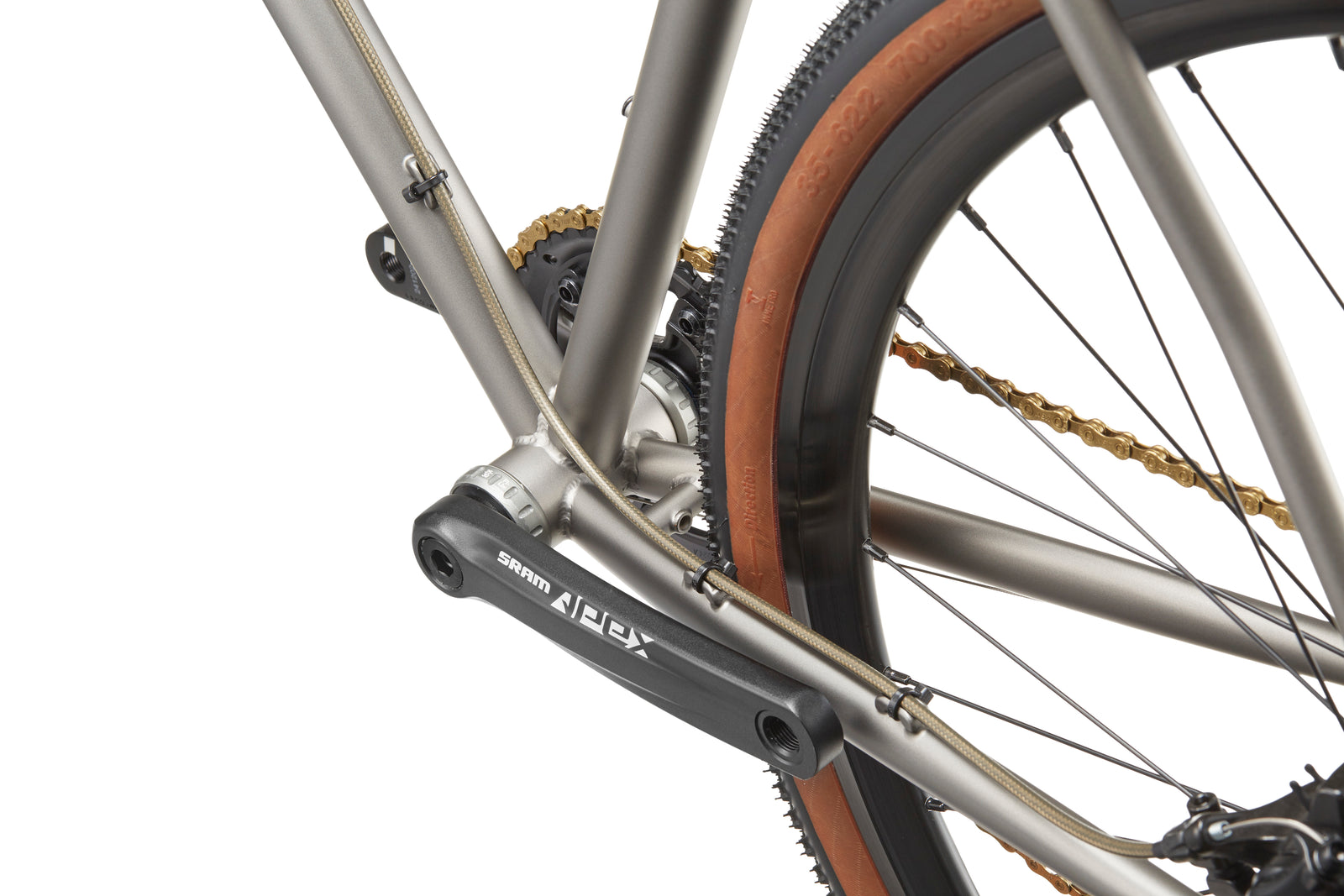 Close-up of the CATALINA 1’s rear wheel and SRAM Apex crank arm, highlighting Catalina style and a tan sidewall tire.