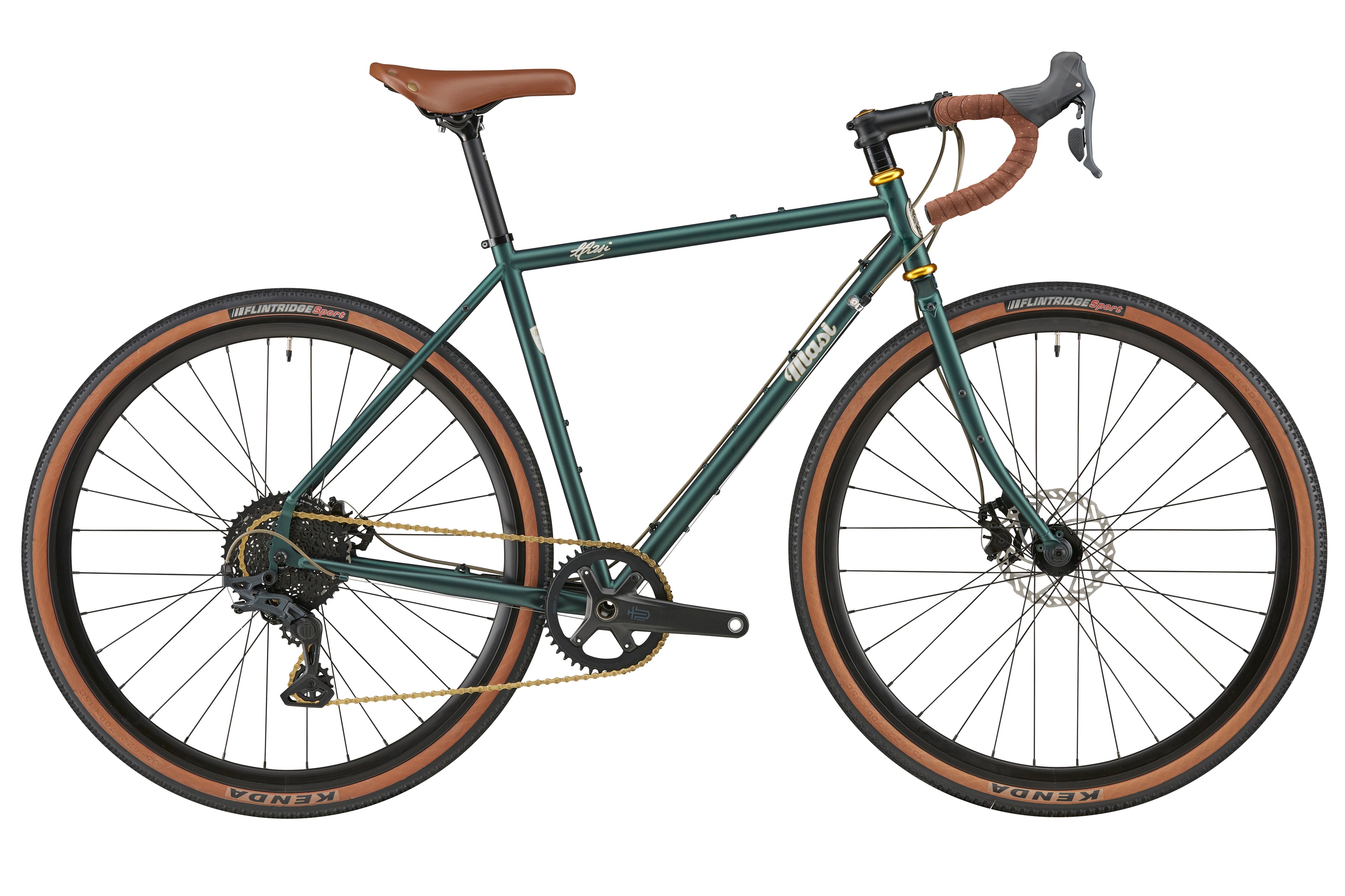 The CATALINA 2 is a green chromoly gravel bike with brown bars, saddle, disc brakes, and tan-wall tires shown in profile on white.