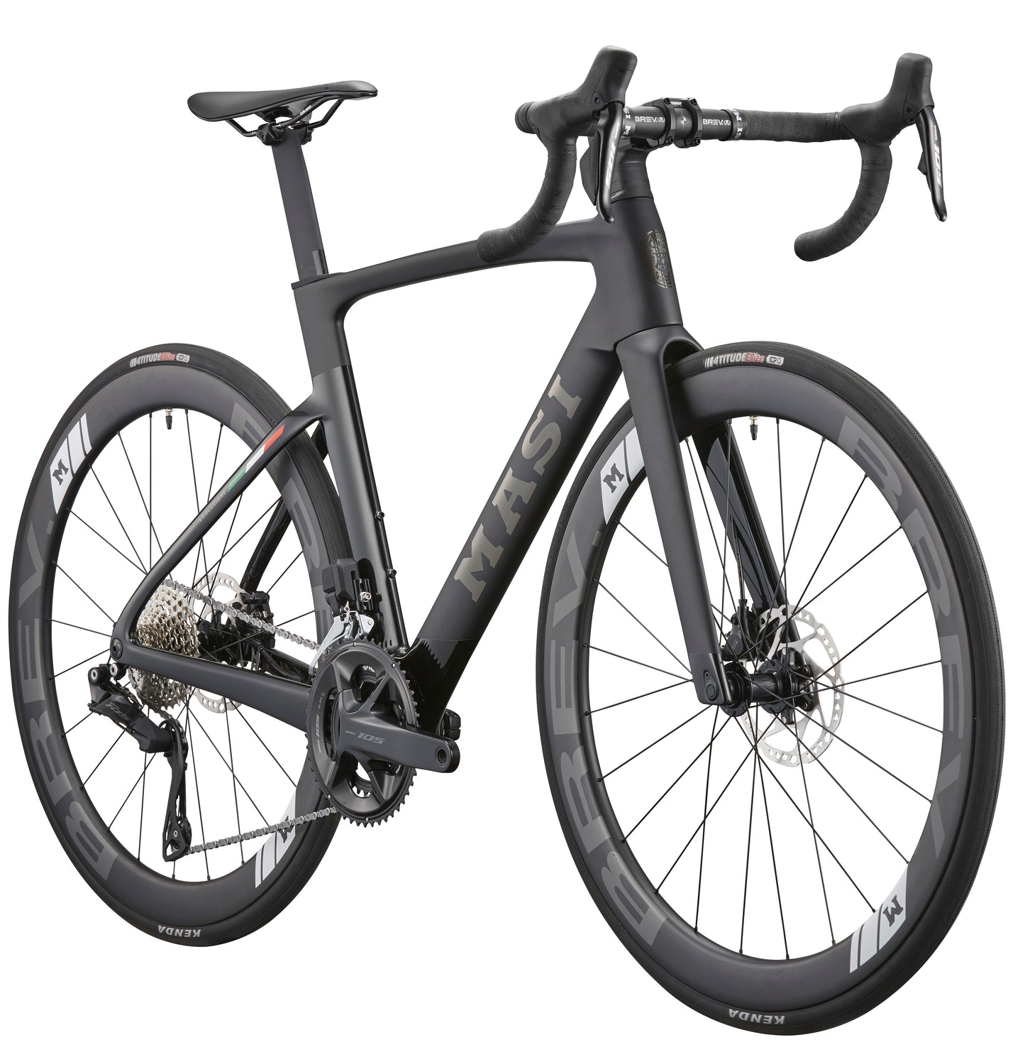 The EVOLUZIONE 1 is a sleek black carbon bike with drop handlebars, disc brakes, aerodynamic design, and MAST branding for high performance.