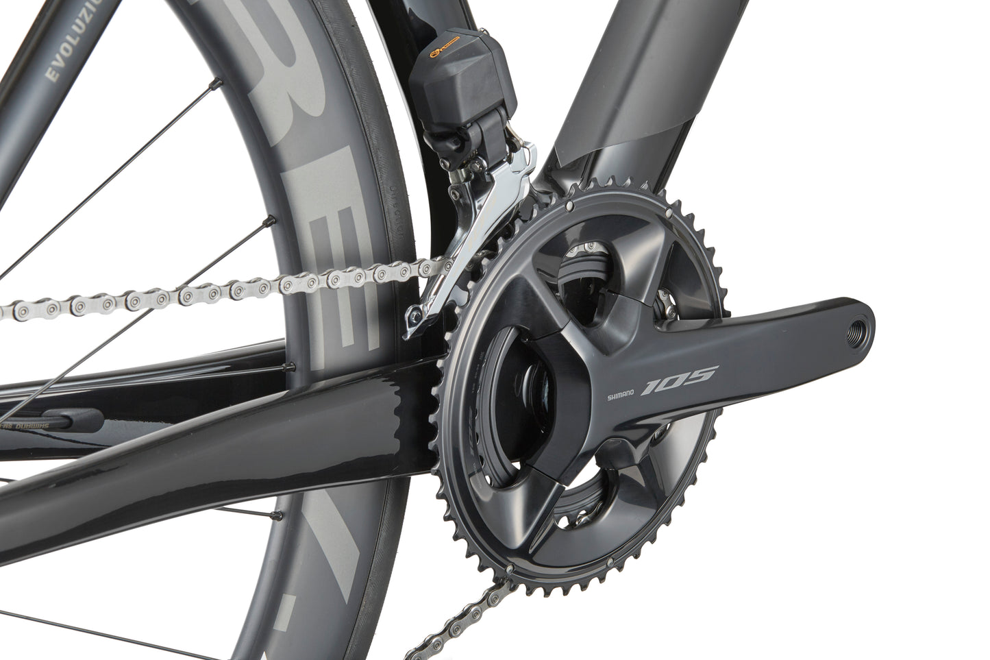 Close-up of the Masi EVOLUZIONE 1 Carbon drivetrain with a Shimano 105 crankset, chainring, and aerodynamic design.