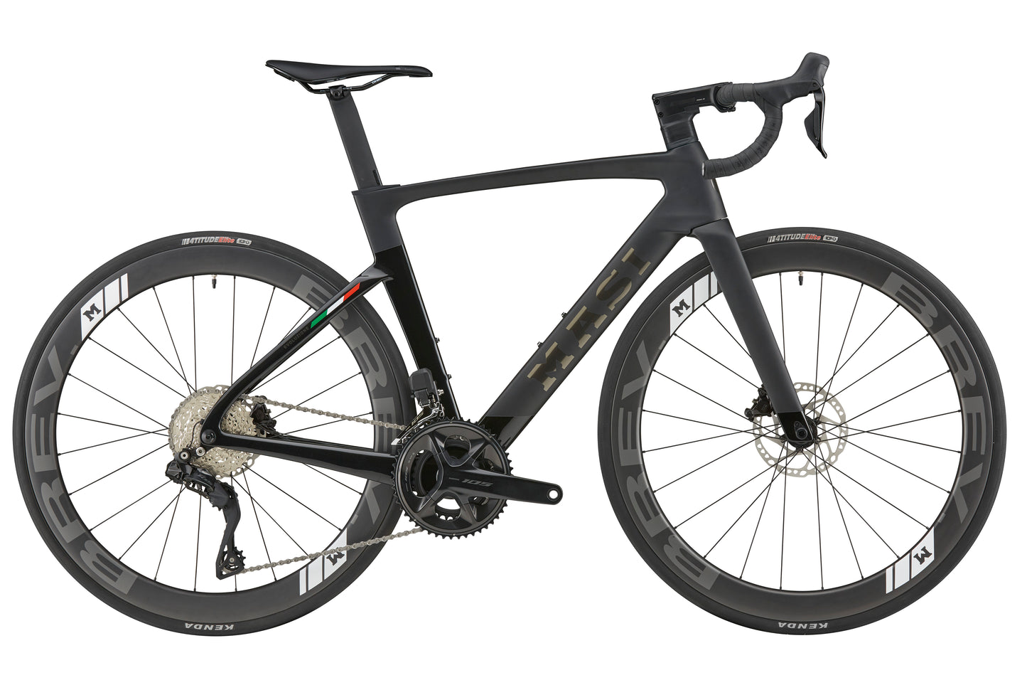 Sleek black EVOLUZIONE 1 Carbon with aerodynamic design, carbon frame, large disc brakes, and aero wheels on a plain white background.