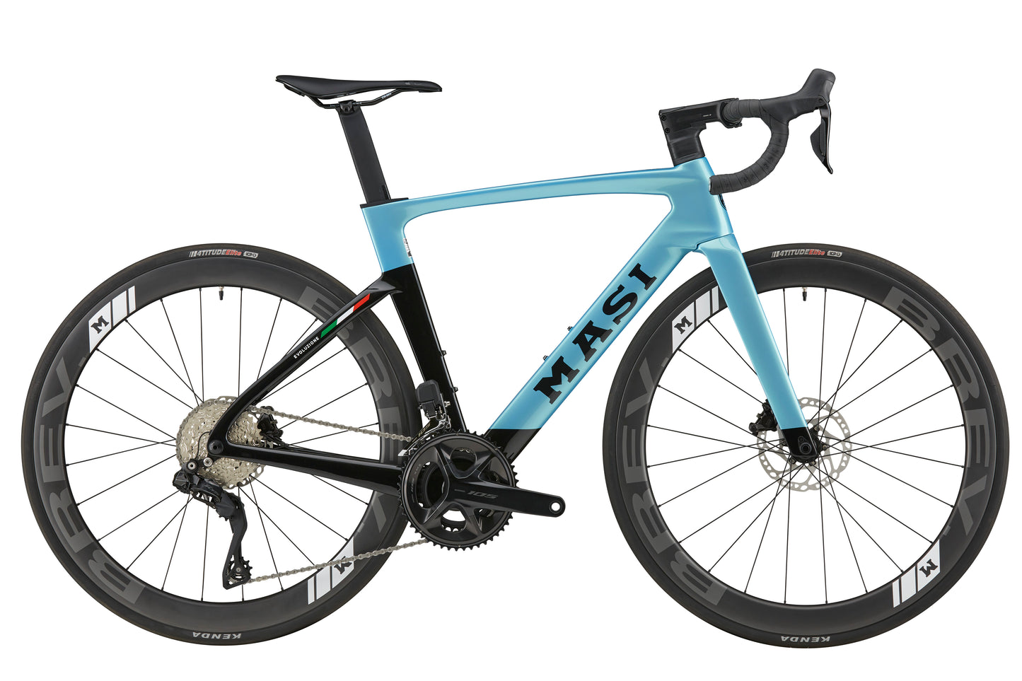 The EVOLUZIONE 1 is a sleek carbon road bike in blue/black, featuring an aerodynamic design and deep-section wheels.
