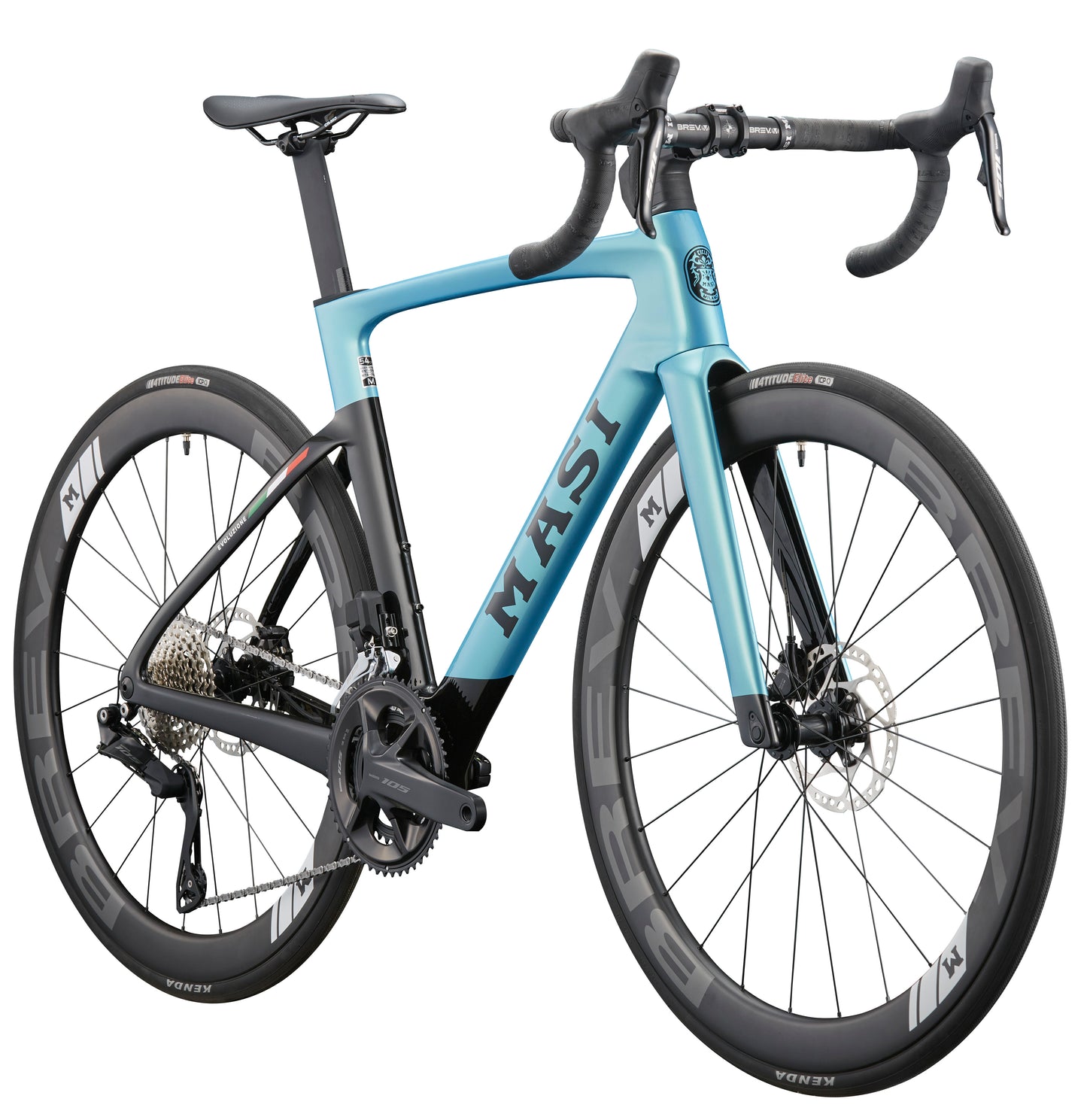 Sleek blue and black EVOLUZIONE 1 carbon road bike features an aerodynamic design, drop handlebars, and disc brakes on a white background.