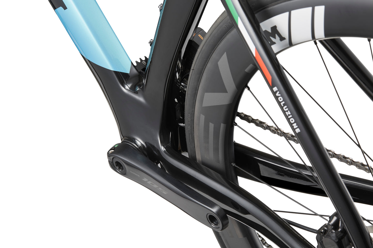 Close-up of a sleek black and blue Masi EVOLUZIONE 1 Carbon frame, highlighting its aero design, rear wheel, gears, and chain.