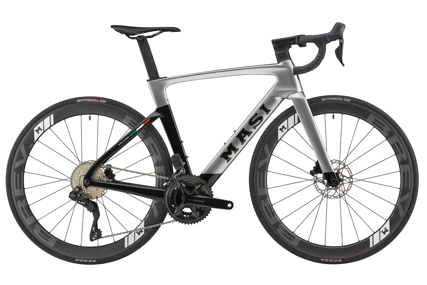 EVOLUZIONE 1: A high-performance racing bike in silver and black with an aerodynamic frame and disc brakes on a white background.