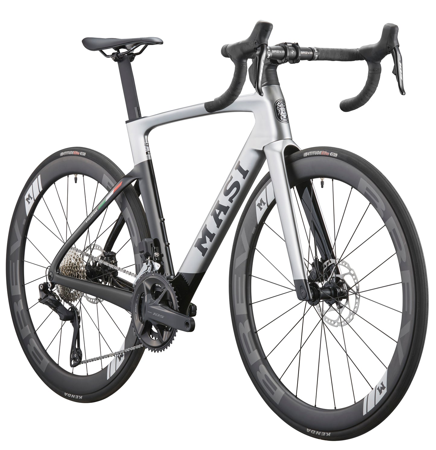 The sleek silver EVOLUZIONE 1 road bike features an aerodynamic design, streamlined frame, drop handlebars, and deep-section wheels.
