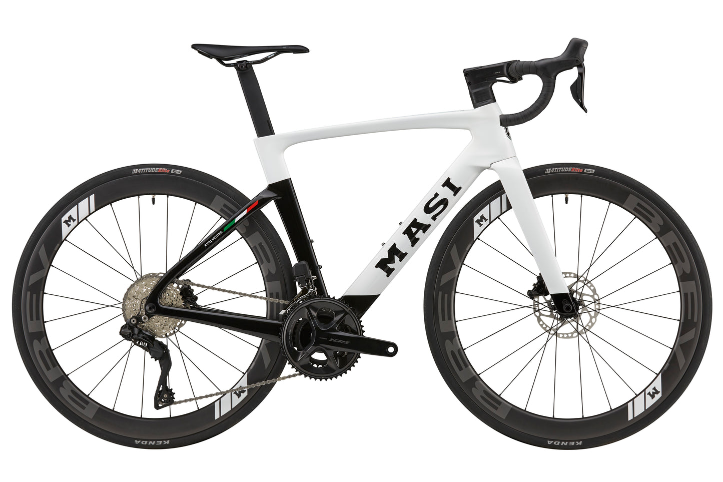 EVOLUZIONE 1: A black and white road bike featuring drop handlebars, aerodynamic design, high-performance frame, large wheels, and visible gears.