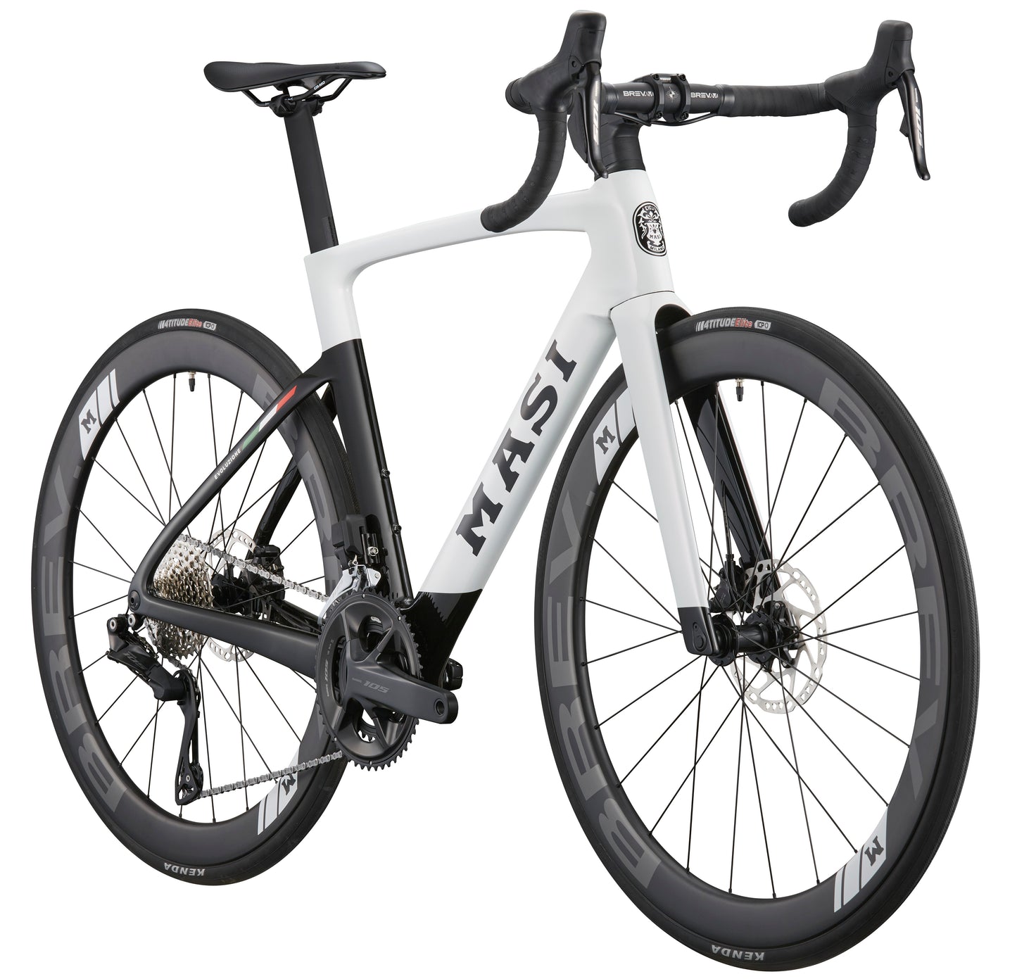 High-performance EVOLUZIONE 1 road bike with aerodynamic design, drop handlebars, deep-rimmed wheels, and MASI labeled on the frame.