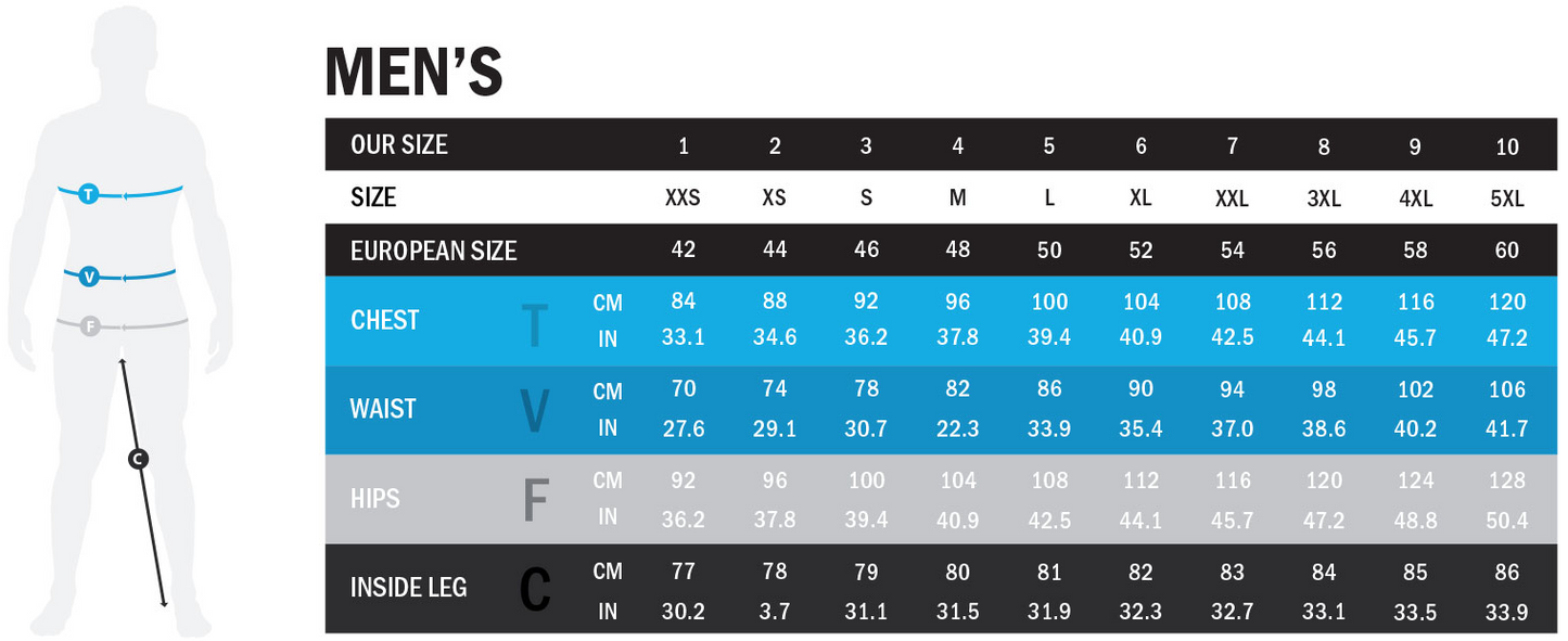 Masi Bikes size chart for the MASI DNA ELITE BIB shows chest, waist, hips, and inside leg measurements from XXS to 5XL in cm and inches. A silhouette indicates measurement positions for ergonomic comfort and helps you select your ideal fit bib.