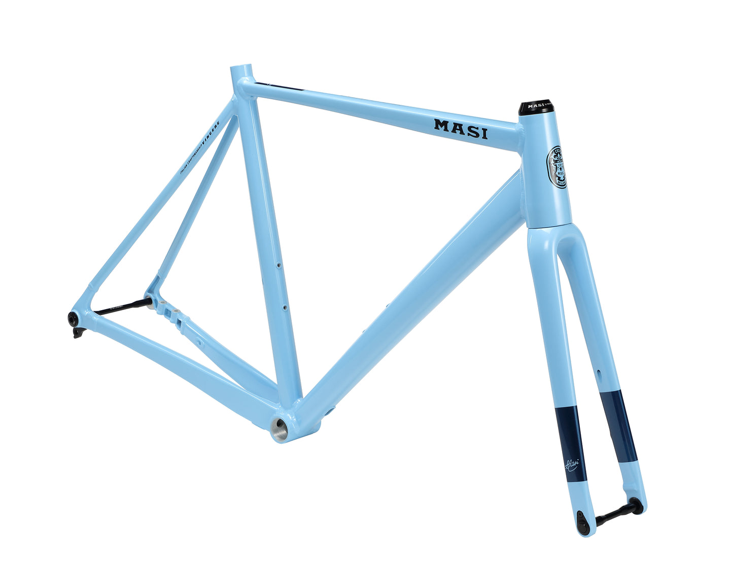 The VINCERE 4 by Masi Bikes is a light blue bicycle with an alloy frame, MASI branding on the top tube, and navy blue accents on the carbon fork. Its sleek design with internal cable routing makes it ideal for road cycling enthusiasts.