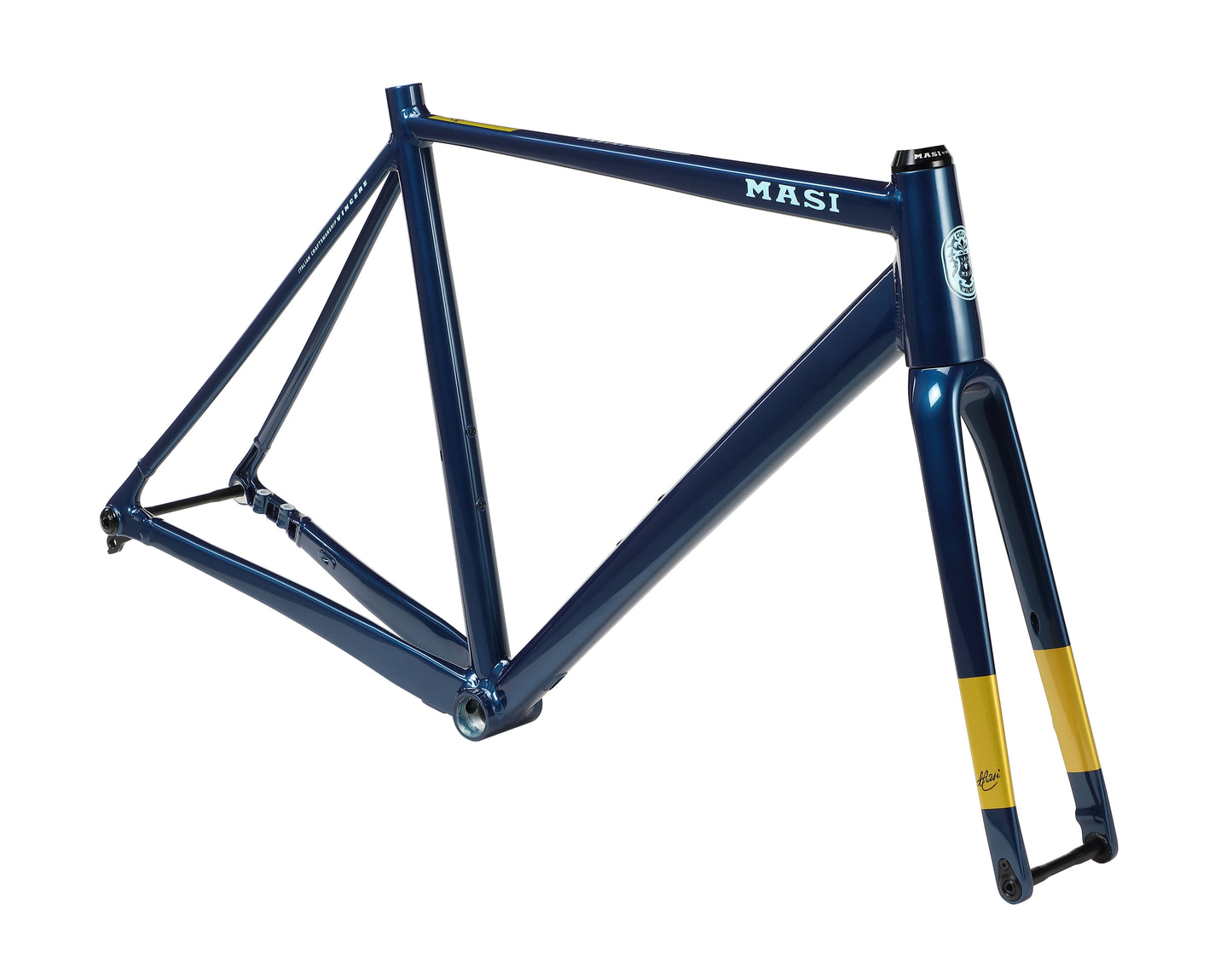 A blue alloy VINCERE 4 frame from Masi Bikes, featuring internal cable routing and a carbon fork with yellow accents, displays the MASI branding near the top, showcased against a plain white background.