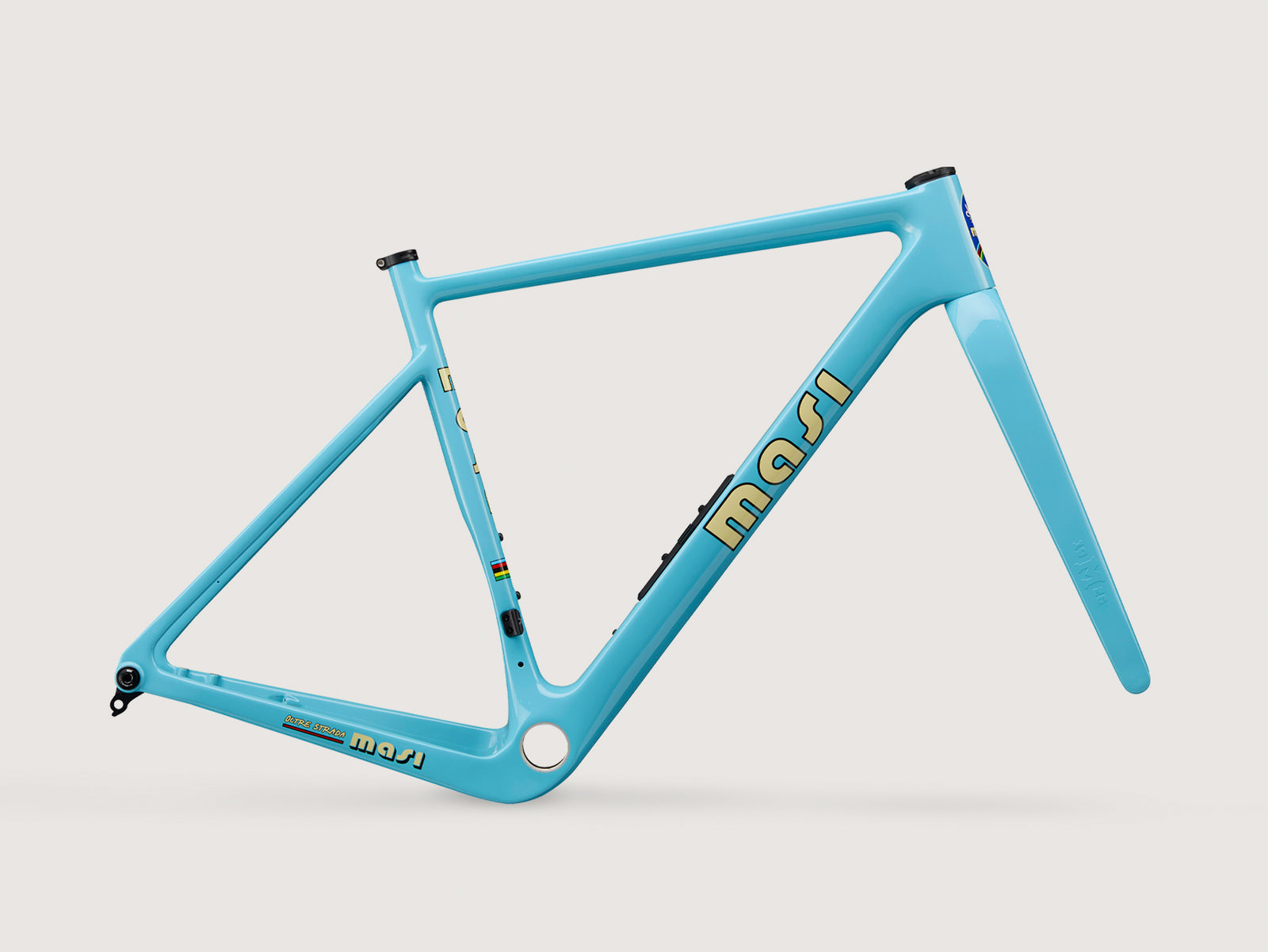 A light blue Oltre Strada gravel frame with aero shape, big tire clearance, yellow/black logos, on a plain white background.