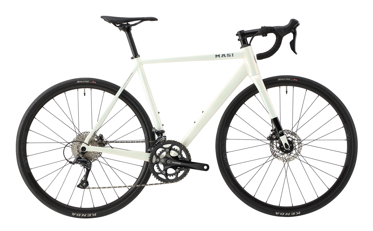 The sleek white VINCERE 4 racing bike boasts a streamlined alloy frame, drop handlebars, disc brakes, and black tires with visible gears.