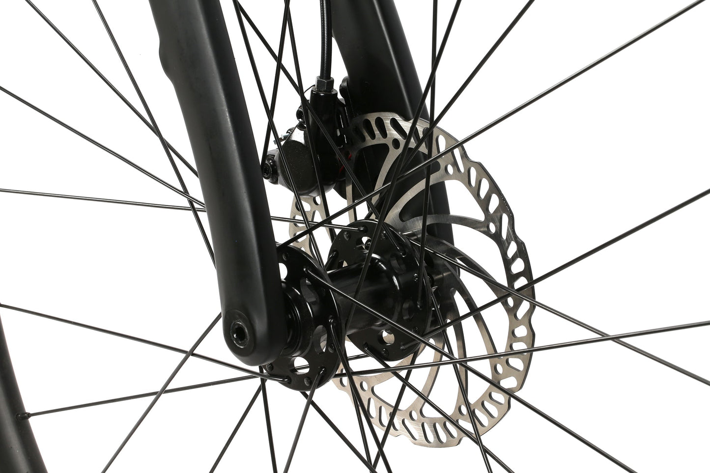 Close-up of a BRUNELLO FB NOVE wheel with disc brakes, showcasing spokes and rotor against a white background.
