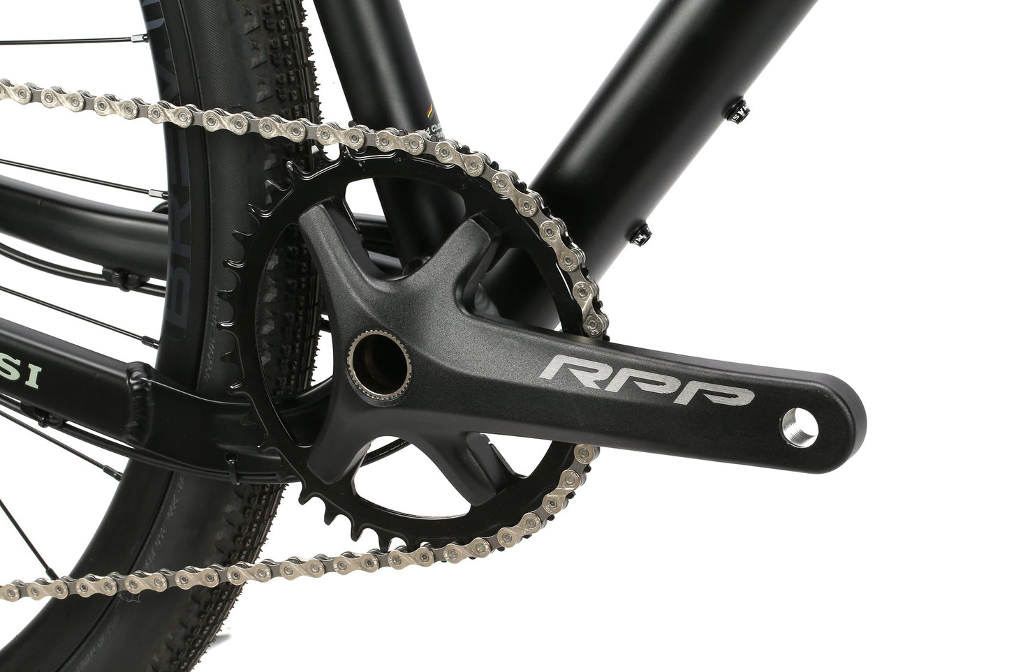 Close-up of a BRUNELLO FB NOVE black crankset with a silver chain, part of a 9-speed drivetrain, labeled RPP.