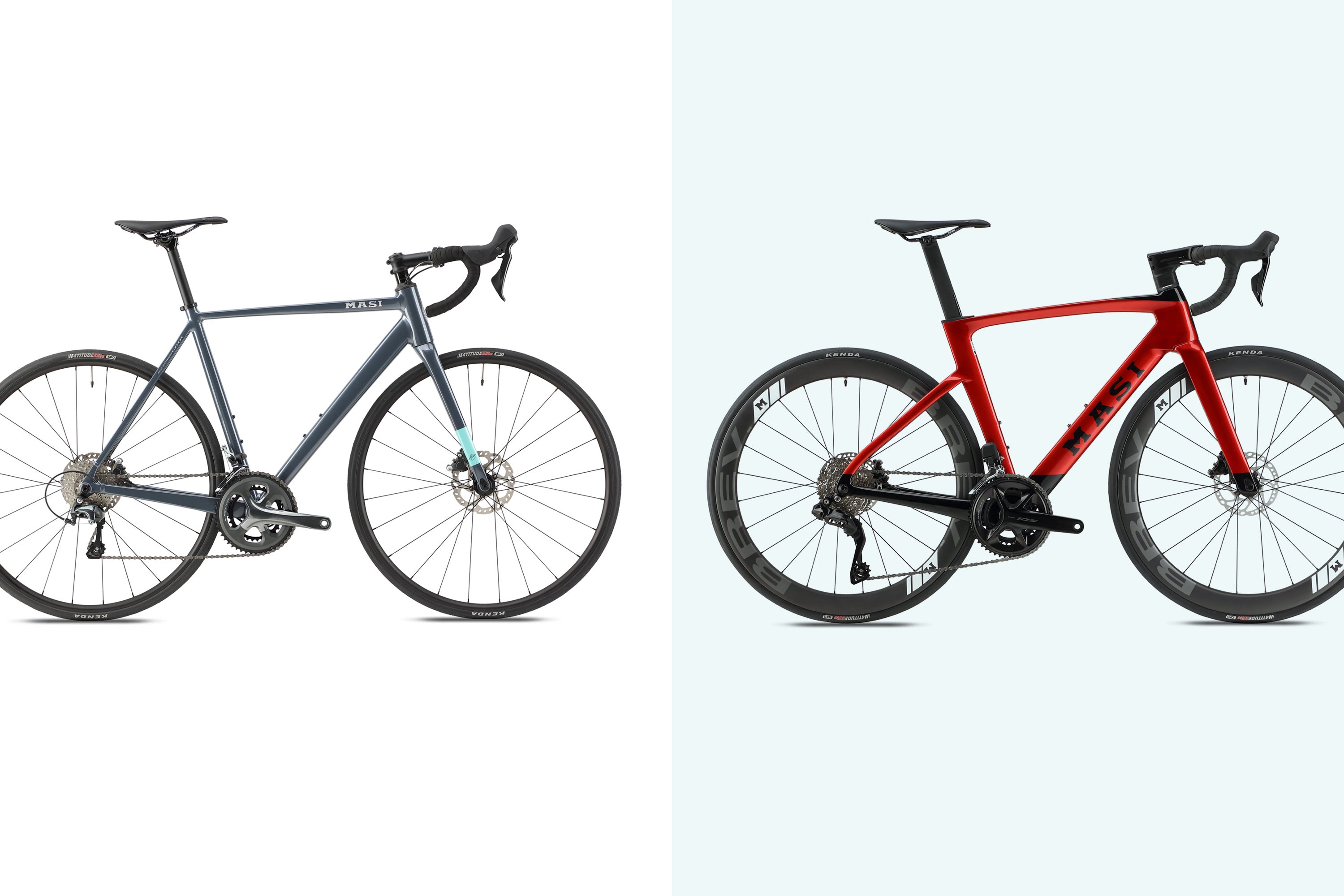 Two bicycles side by side. On the left, a gray road bike with drop handlebars and thin tires. On the right, a red road bike with black accents, aerodynamic frame, and deep-section wheels. Both are set against a plain background.