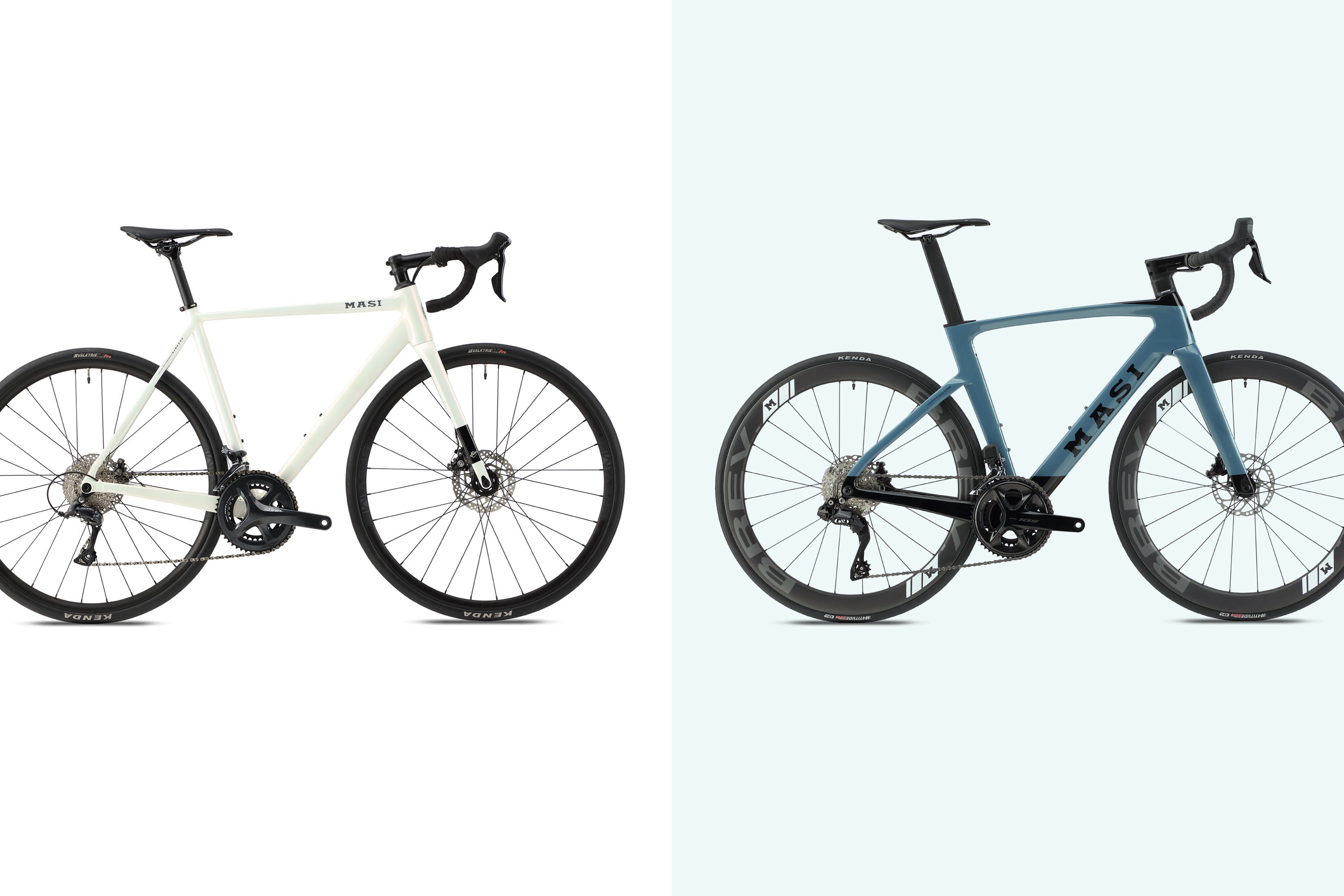 Two road bikes displayed side by side. The left bike is white with a minimalist design, while the right bike is blue with an aerodynamic frame and modern features. Both have drop handlebars and disc brakes.