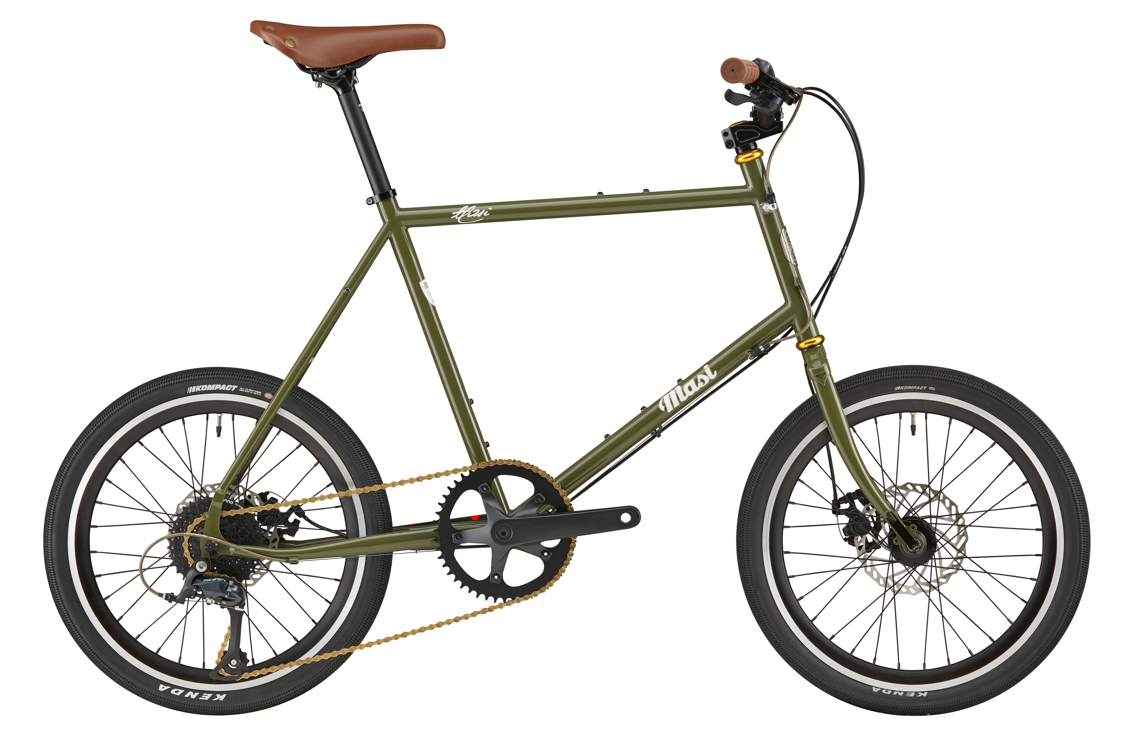 The STELVIO 2 MiniVelo urban bike in green has brown seat/handlebars, black wheels, and a gold chain, shown side-on.