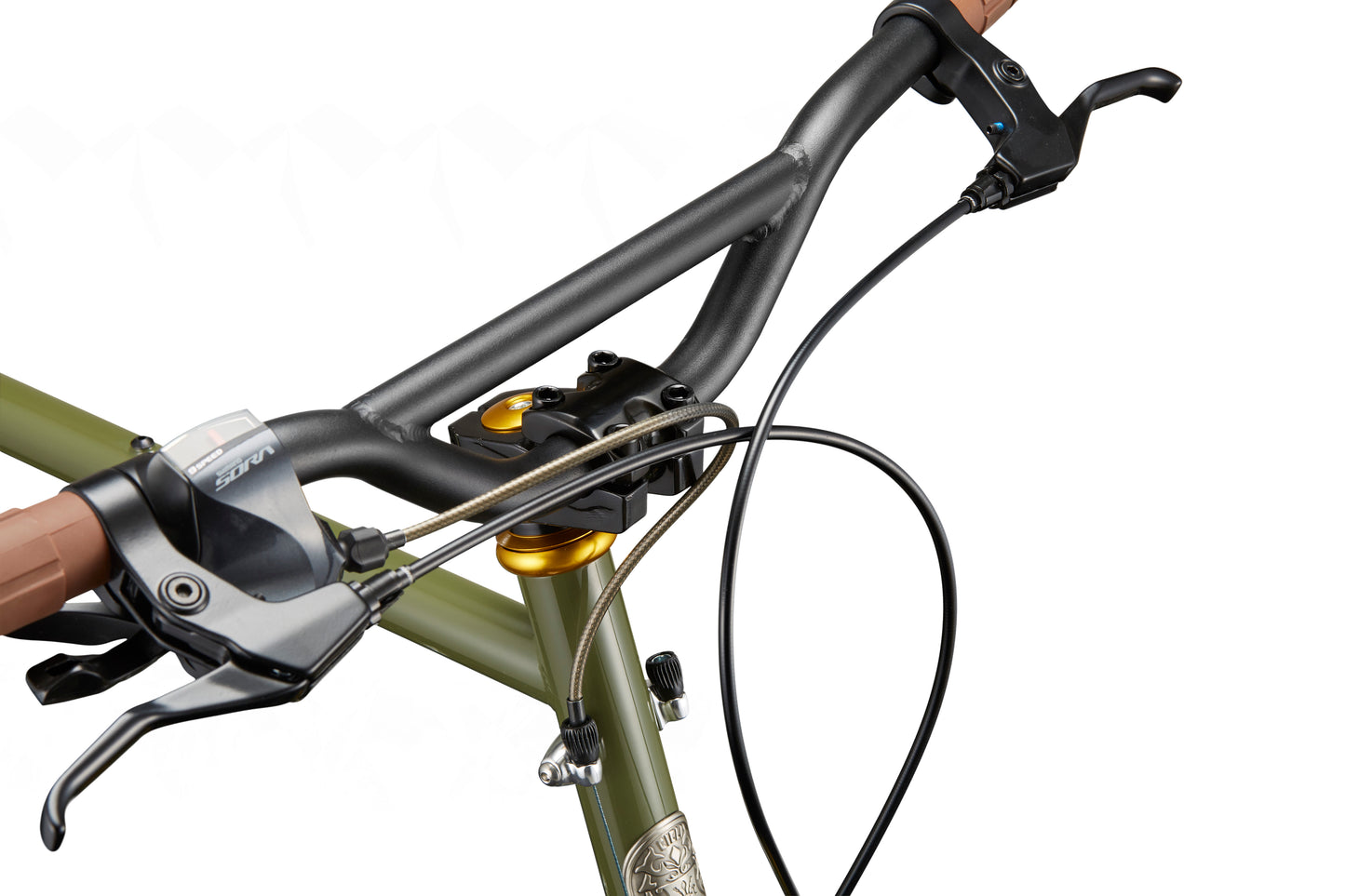 Close-up of STELVIO 2 MiniVelo handlebar with brake levers, gear shifter, and cables, highlighting its sleek Italian design.