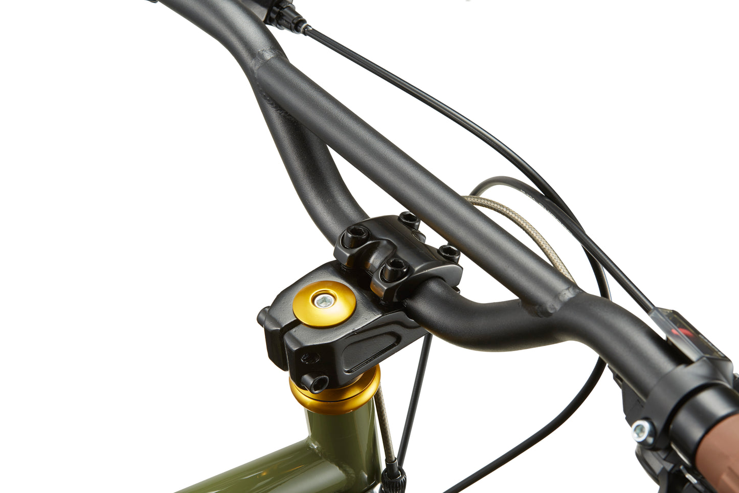 Close-up of the STELVIO 2 MiniVelo handlebar and gold headset, showcasing sleek Italian design against a white background.