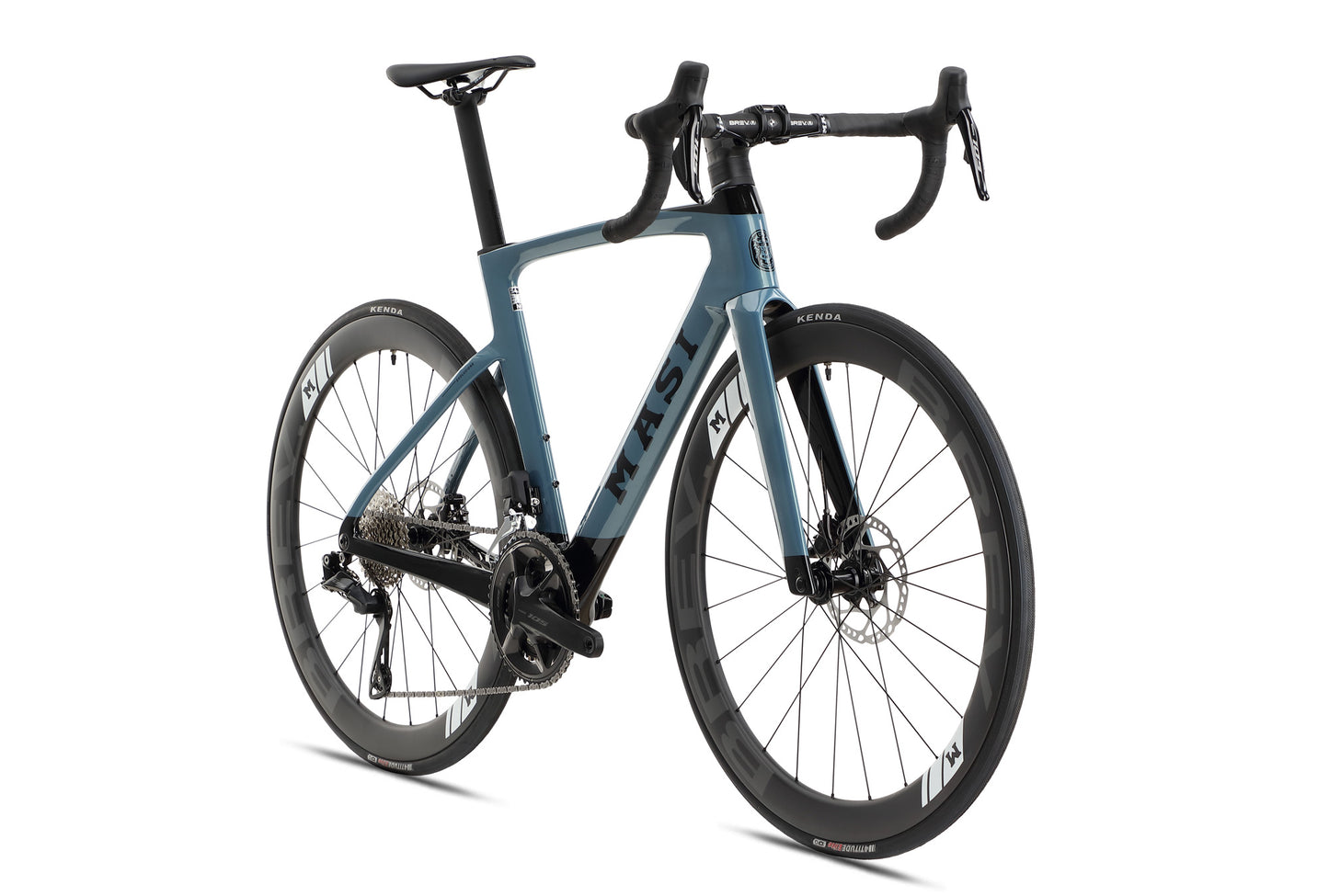 A sleek EVOLUZIONE 1 Carbon road bike by Masi Bikes, featuring a light blue and black frame with aerodynamic handlebars, disc brakes, and deep-section wheels for speed and efficiency.