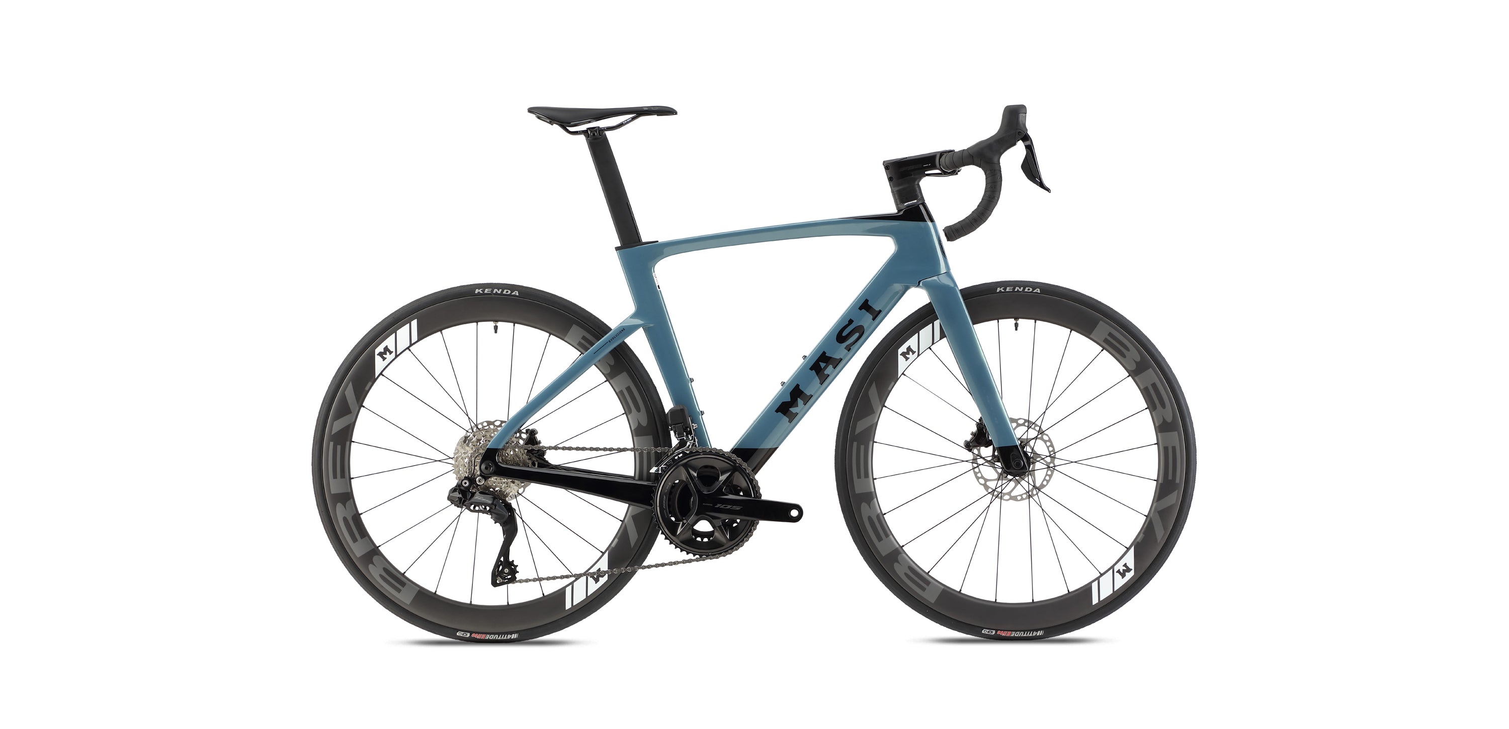 A modern road bike with an aerodynamic design, featuring a matte blue frame, black handlebars, disc brakes, and deep-section wheels. The bike has a sleek, minimalist appearance, emphasizing speed and performance.