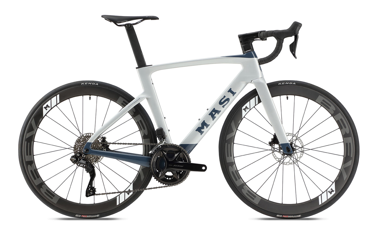 The Masi Bikes Evoluzione 1 is a sleek, modern road bike with a white and blue frame. It features aerodynamic design, disk brakes, and deep-section wheels. Masi Bikes is proudly displayed on the frame.
