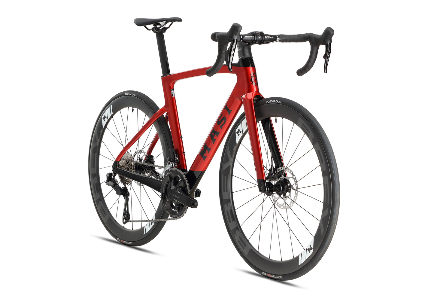 A sleek, red road bike with a modern aerodynamic design, drop handlebars, and black wheels featuring disc brakes. Masi Bikes is prominent on the frame, with Kenda tires for smooth rides. This stylish bike resembles the EVOLUZIONE 1 Carbon and stands against a plain white background.