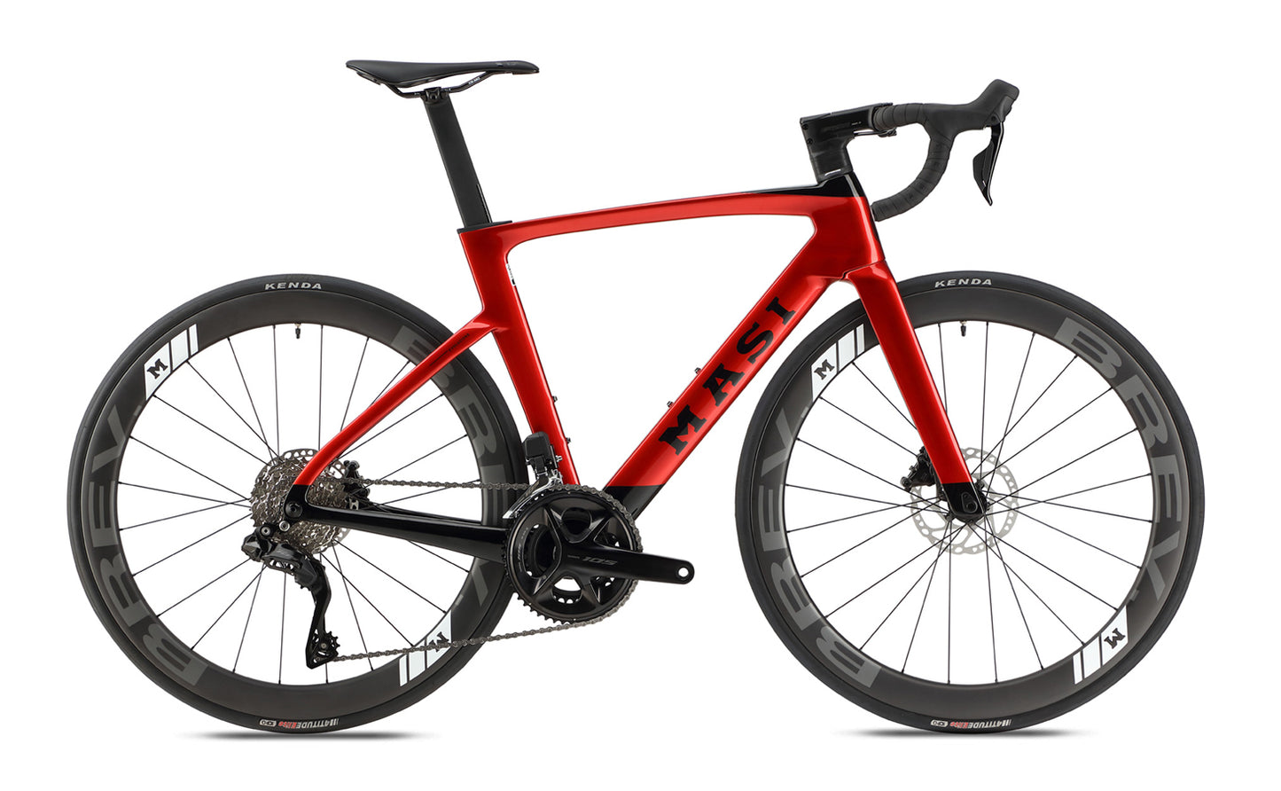 The Masi Bikes EVOLUZIONE 1 is a sleek, red road bike with an aerodynamic design, featuring black handlebars, high-performance gears, Kenda tires, and bold Masi lettering on the frame.