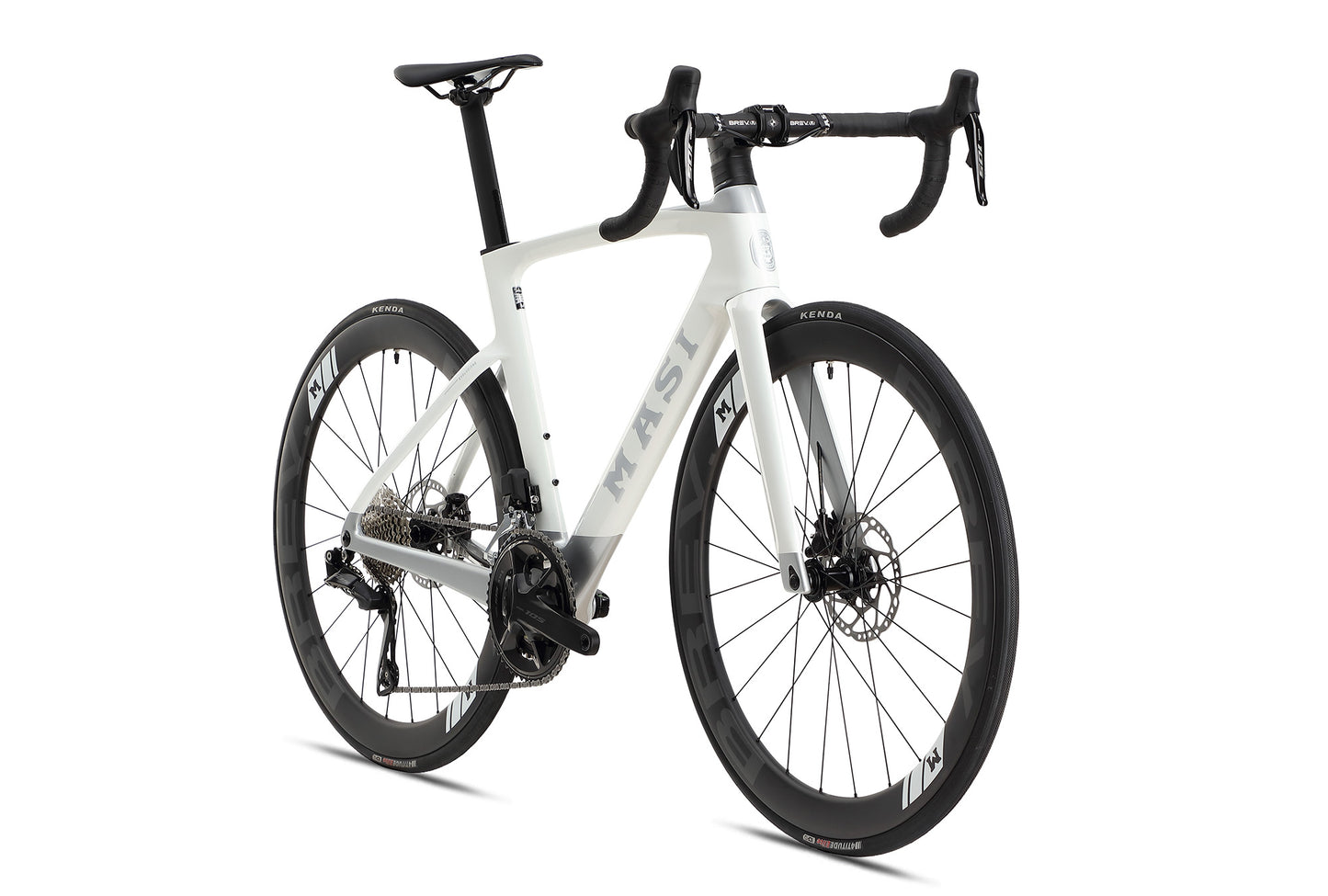 The EVOLUZIONE 1 by Masi Bikes is a sleek carbon road bike with an aerodynamic design, drop handlebars, disc brakes, and large black wheels with sporty rims. The Masi logo is prominently displayed on the frame against a pristine white background.