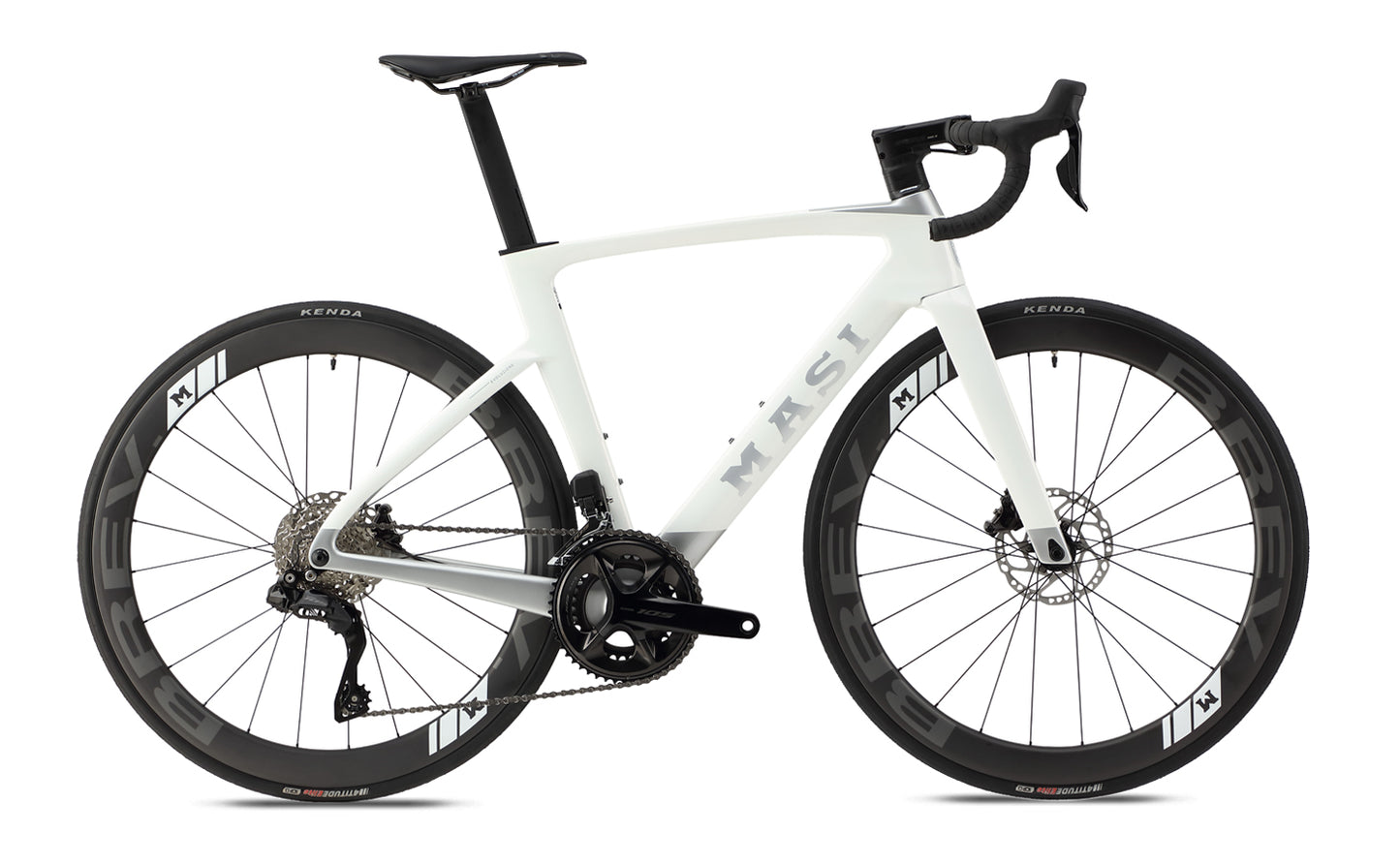 A sleek, modern road bike featuring a white frame with black aerodynamic wheels and a MAST logo. Its compact, angular design mirrors the style of Masi Bikes EVOLUZIONE 1 model, completed with a black saddle and handlebars.