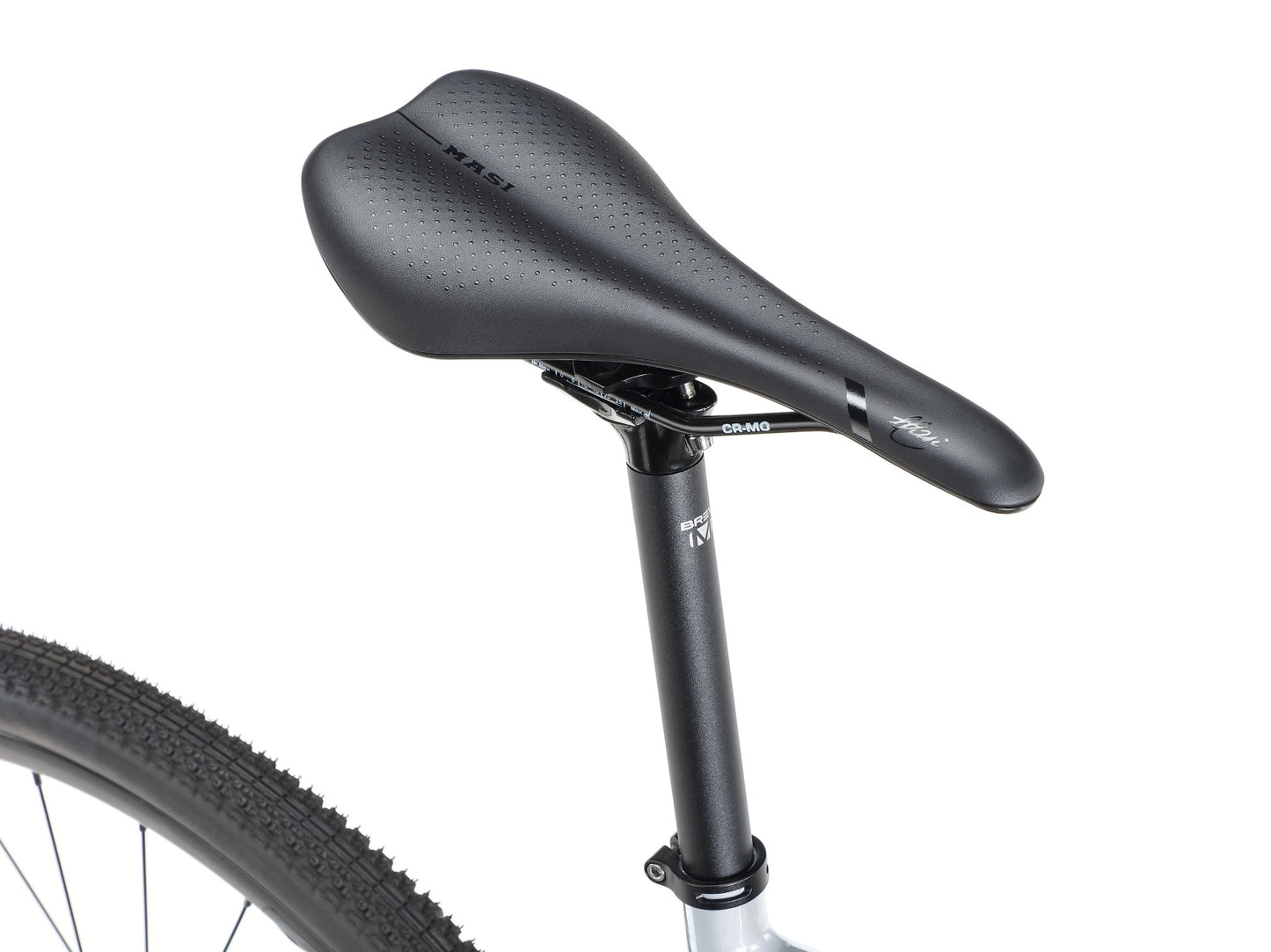 Close-up of the BRUNELLO 1’s black saddle and seatpost with tubeless-ready wheels, set against a white background.