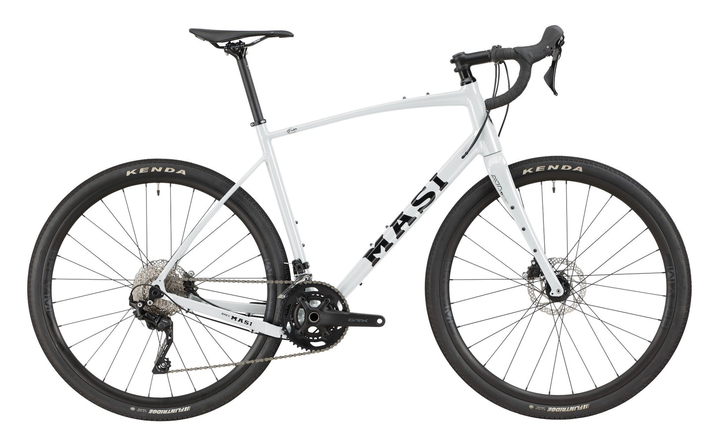A white BRUNELLO 1 road bike with an alloy frame, drop bars, disc brakes, and black Kenda tires, shown in side view.