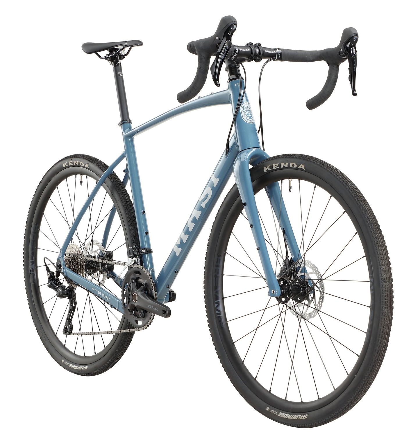 Front view of the blue BRUNELLO 1 gravel bike with black handlebars and tires.