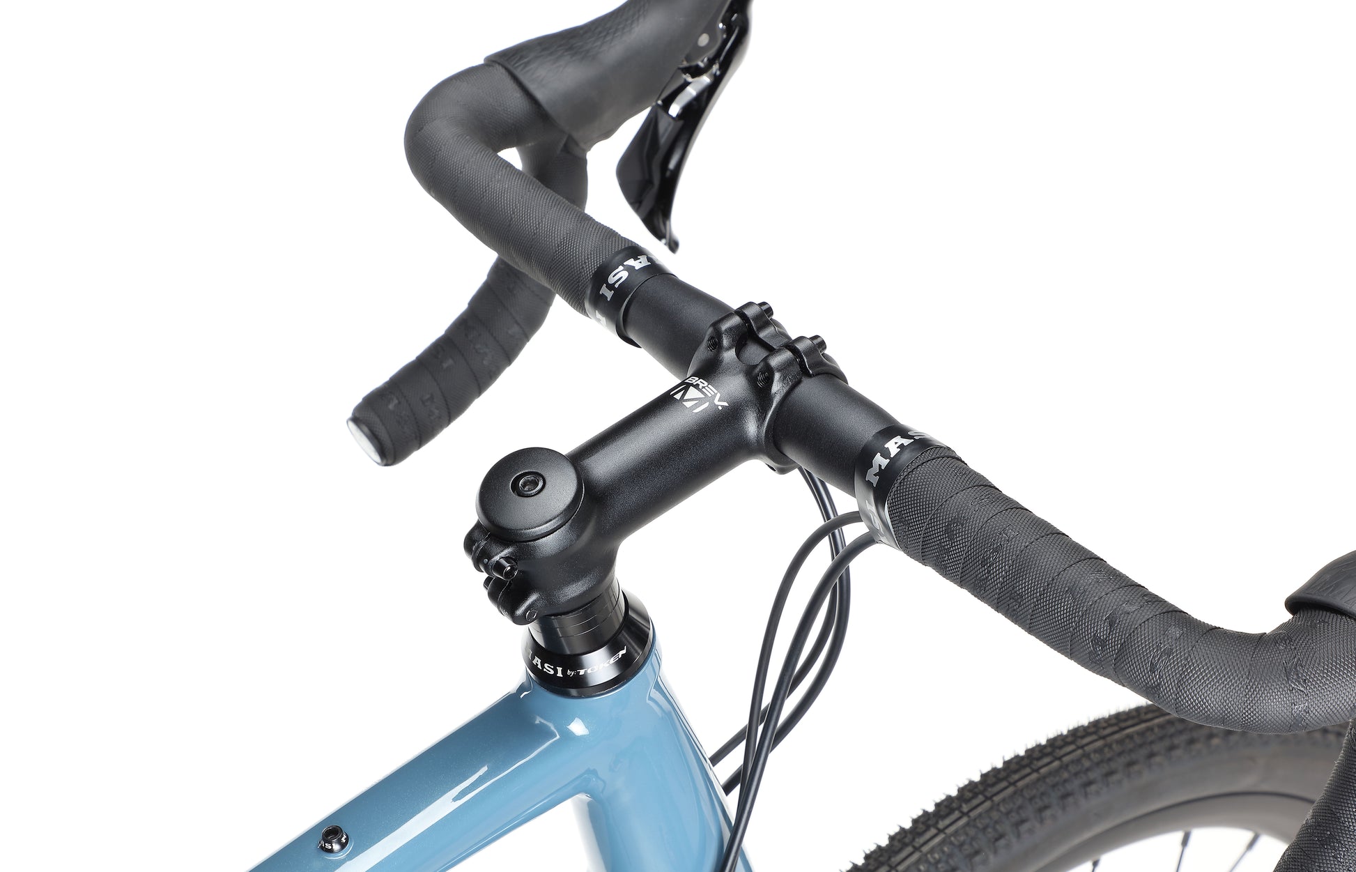 Close-up of BRUNELLO 1s blue handlebars and black stem, highlighting the wrapped grips and brake levers against a white background.