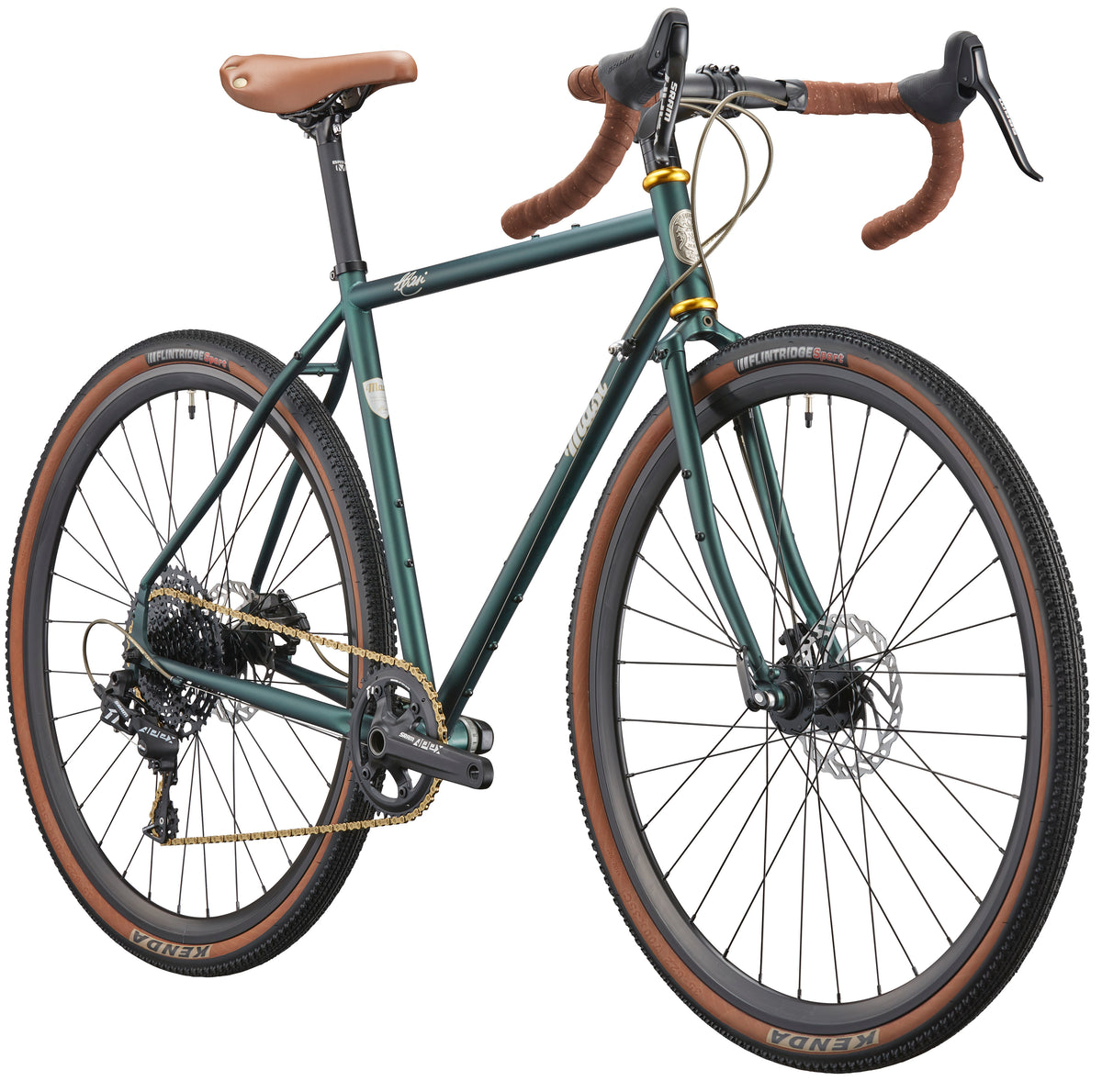 A green CATALINA 1 gravel bike with chromoly frame, brown saddle, and tan-walled tires, seen from the rear right side.