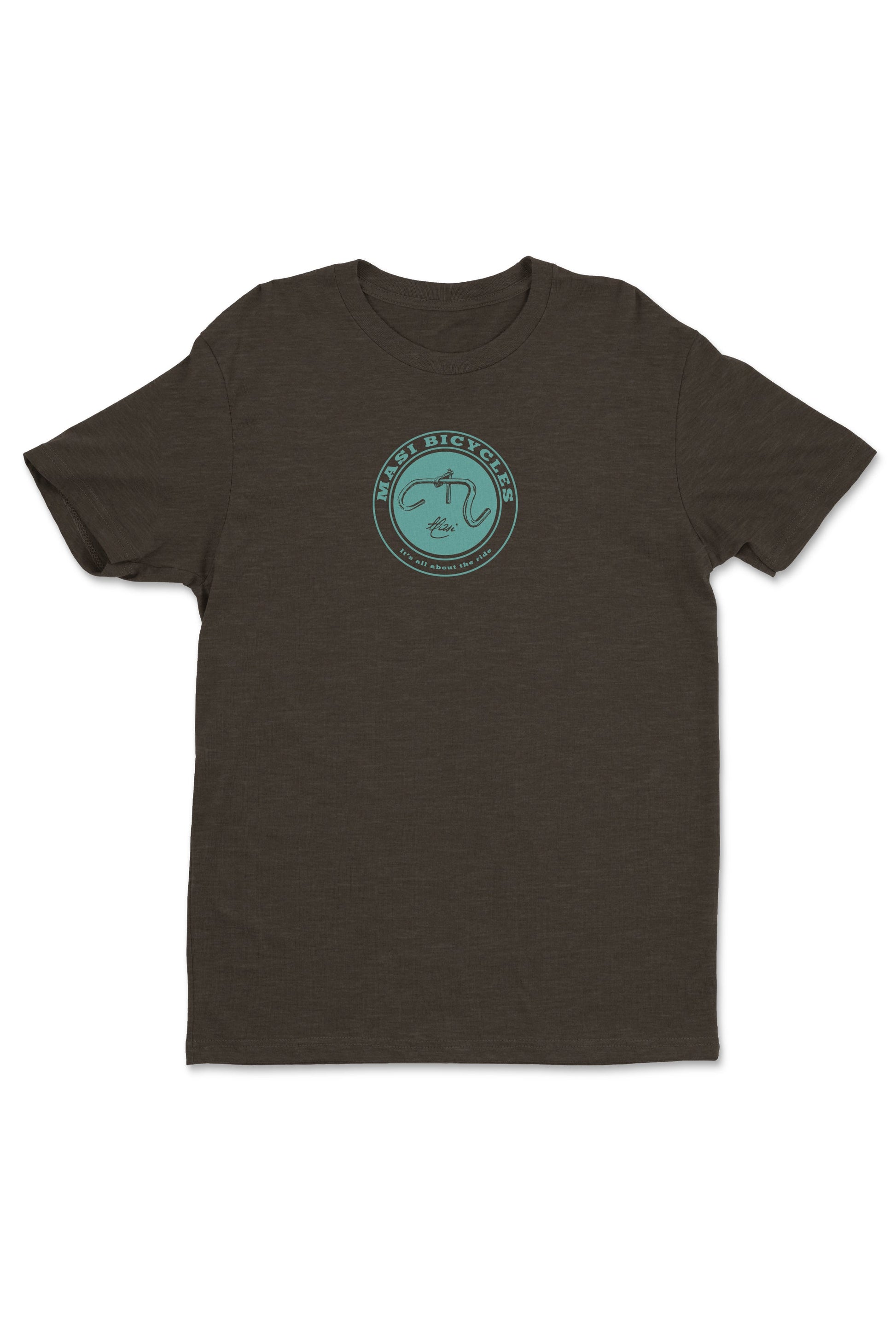 Dark green MASI HANDLE IT SHIRT by Masi Bikes, displaying a circular logo with a dinosaur and the text Black Bicycle.