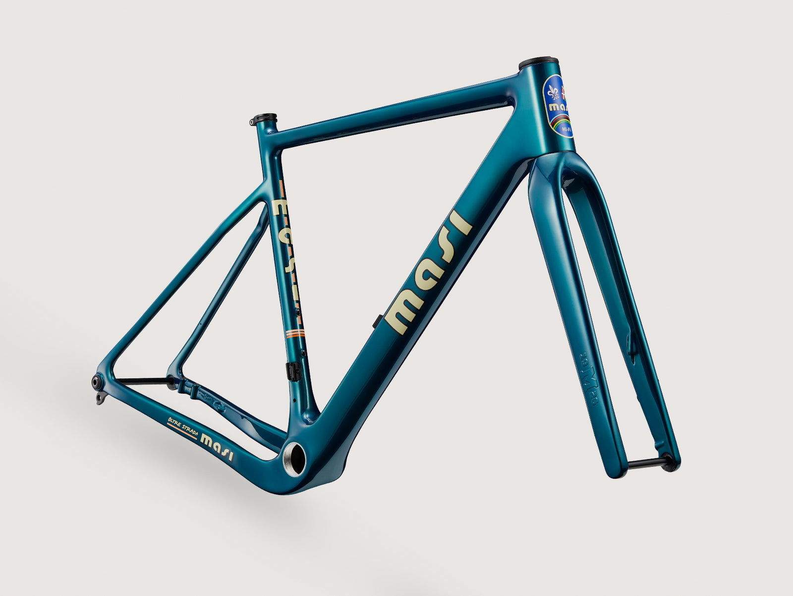 A teal Oltre Strada gravel bike frame and fork with white logo, pictured against a plain white background.