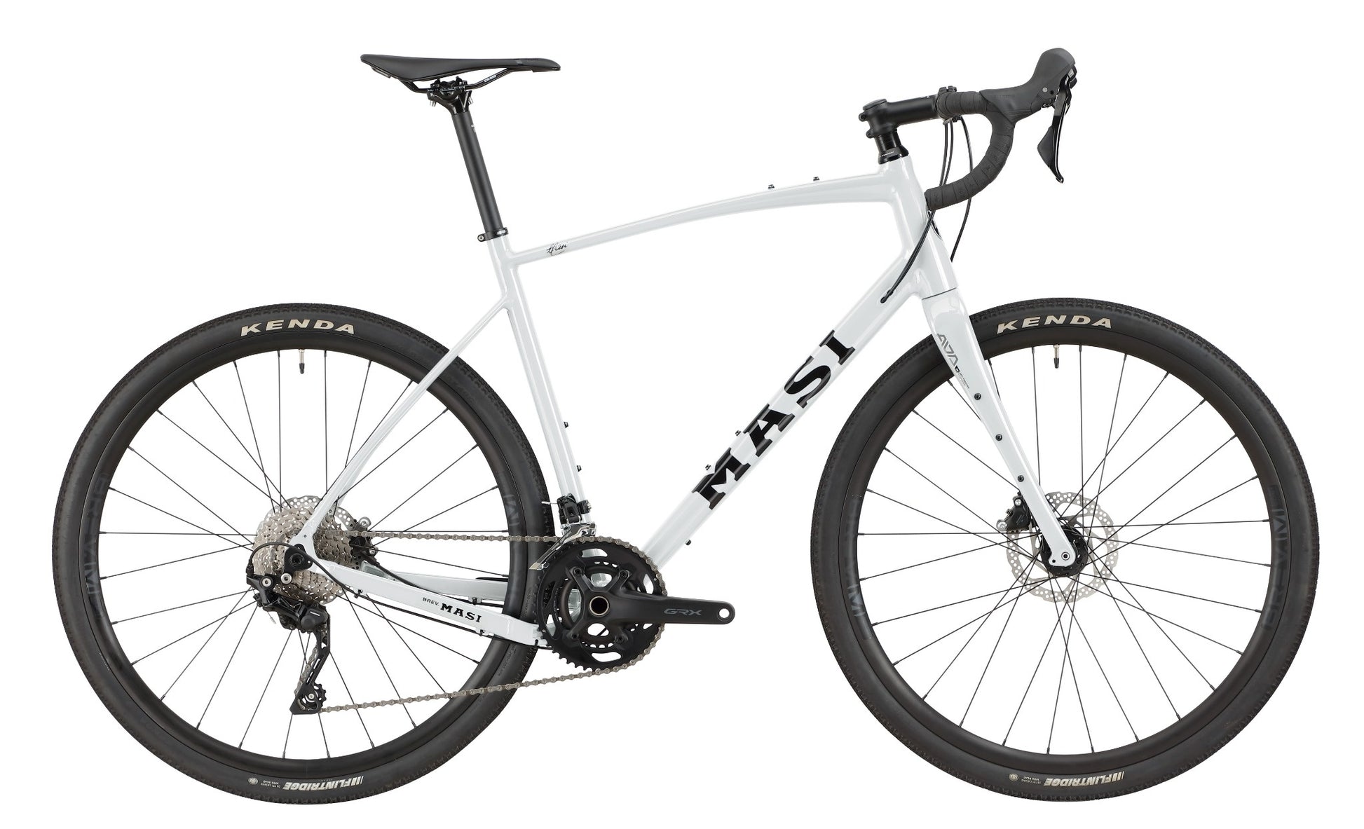 A white BRUNELLO 1 road bike with an alloy frame, drop bars, disc brakes, and black Kenda tires, shown in side view.