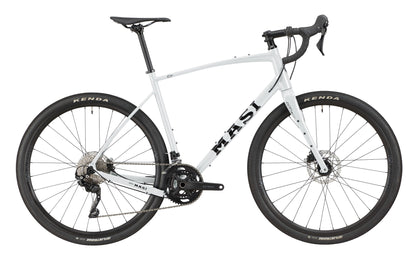 A white BRUNELLO 1 road bike with an alloy frame, drop bars, disc brakes, and black Kenda tires, shown in side view.